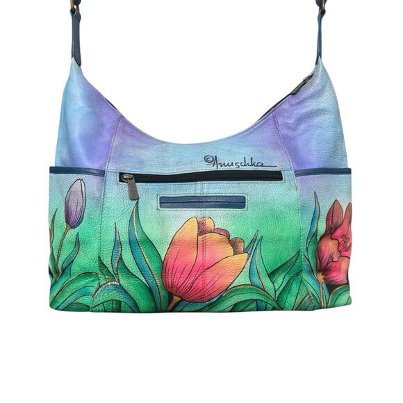 NWT! Anuschka Hand Painted Tulips Leather Hobo Handbag with Card Wallet - Picture 2 of 16